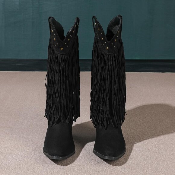 AMOJI Women Black Western Cowboy Boots Pointed Toe Mid Calf Cowgirl - Picture 5 of 8